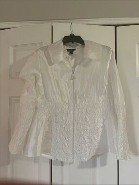 Jerry T White Rhinestone Zip-Front Shirt Jacket With Textured Waist